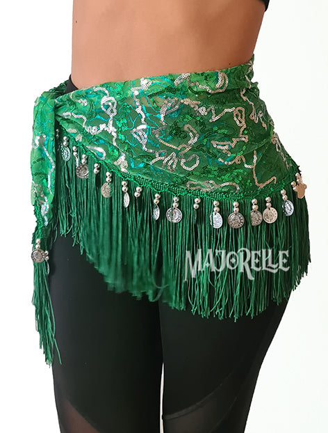 Belly dance hip scarf fuchsia with silver lines and silver coins