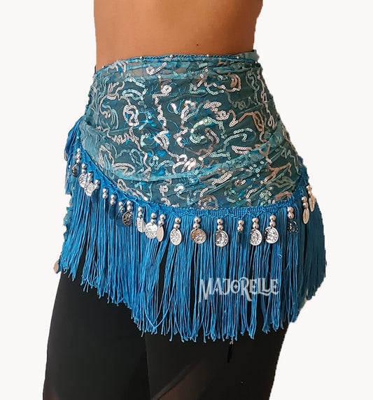 Hip scarf turquoise with silver lines and silver coins
