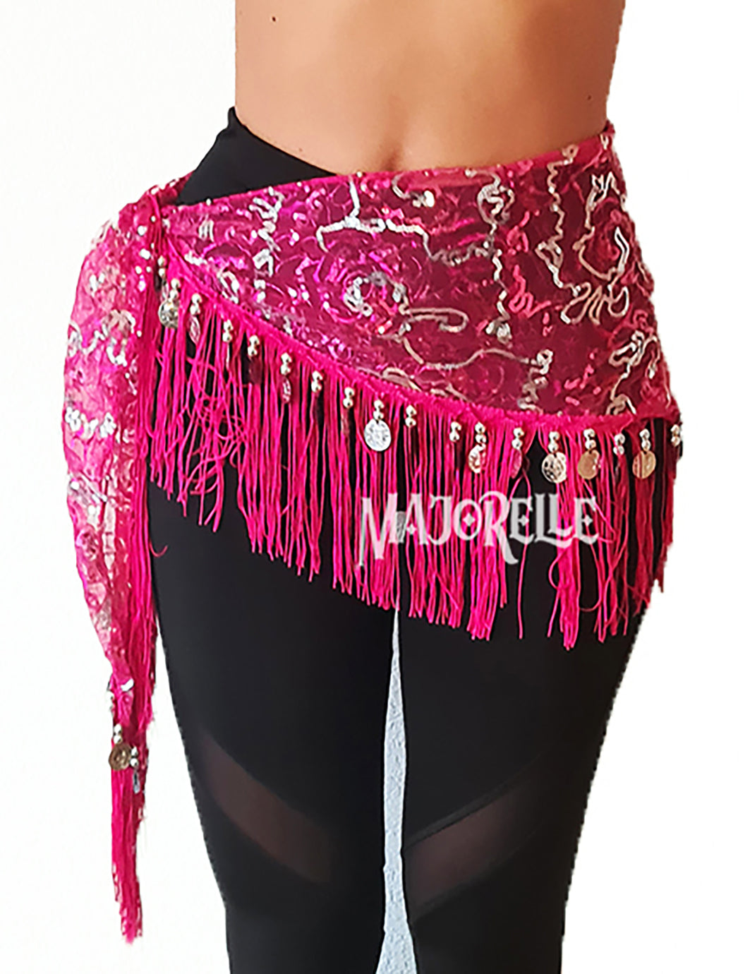 Belly dance hip scarf fuchsia with silver lines and silver coins