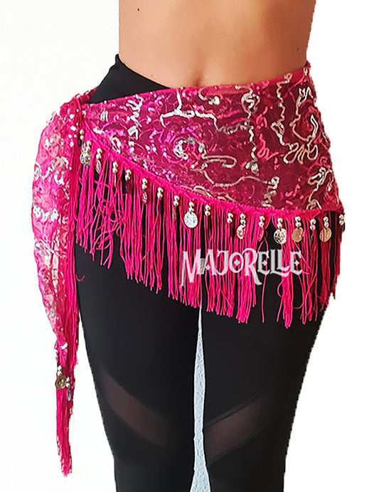 Belly dance hip scarf fuchsia with silver lines and silver coins