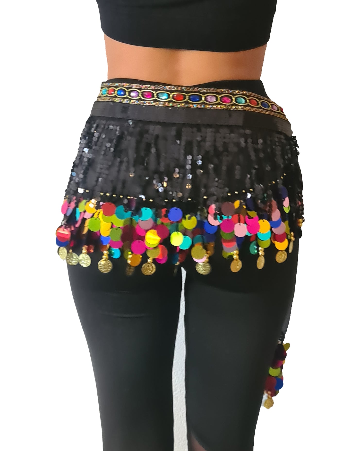 New; Belly dance hip scarf black multi colour