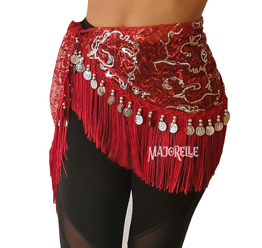 Belly dance hip scarf fuchsia with silver lines and silver coins
