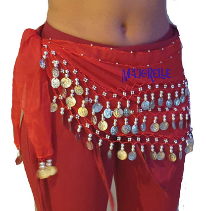 Red hip scarf with silver coins