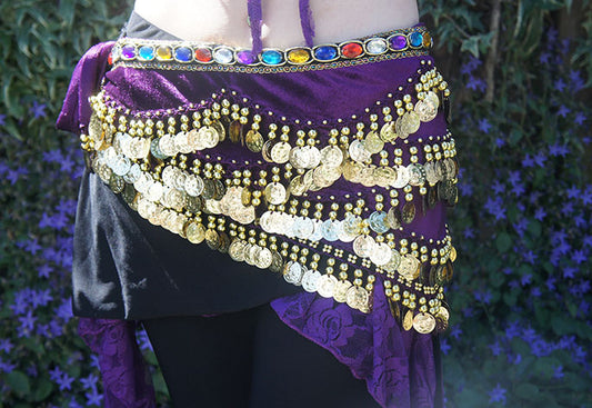 Belly dance hip scarf with stones wavy in purple, with gold coins