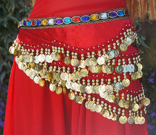 Hip scarf with stones wavy in red with gold coins