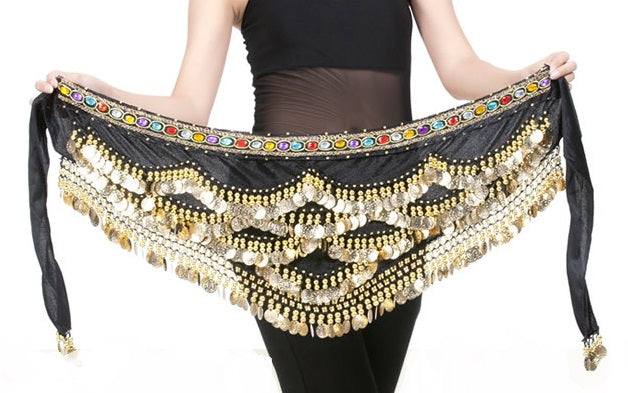 Hip scarf with stones wavy in black. With gold coins