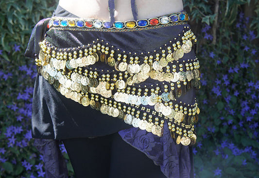 Hip scarf with stones wavy in black. With gold coins