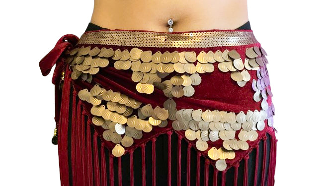 Tribal fringed hip scarf in bordeaux / burgundy