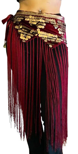Tribal fringed hip scarf in bordeaux / burgundy