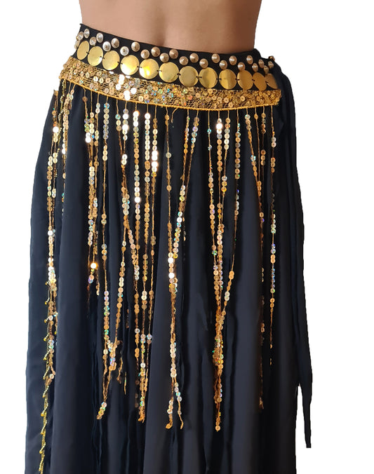 Belly Dance Hip Scarf Black with Long Gold Strands