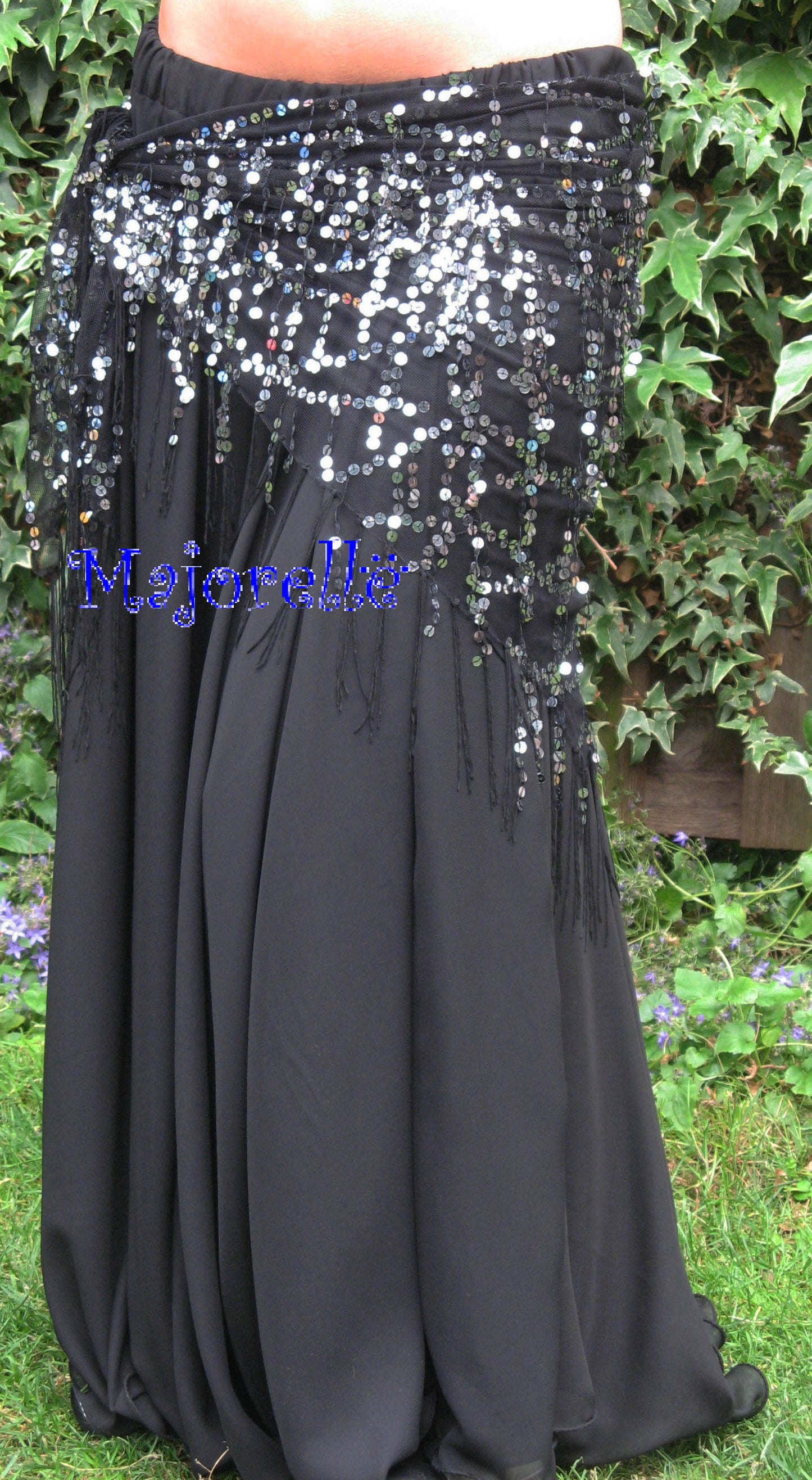 Long hip scarf in black with silver sequins