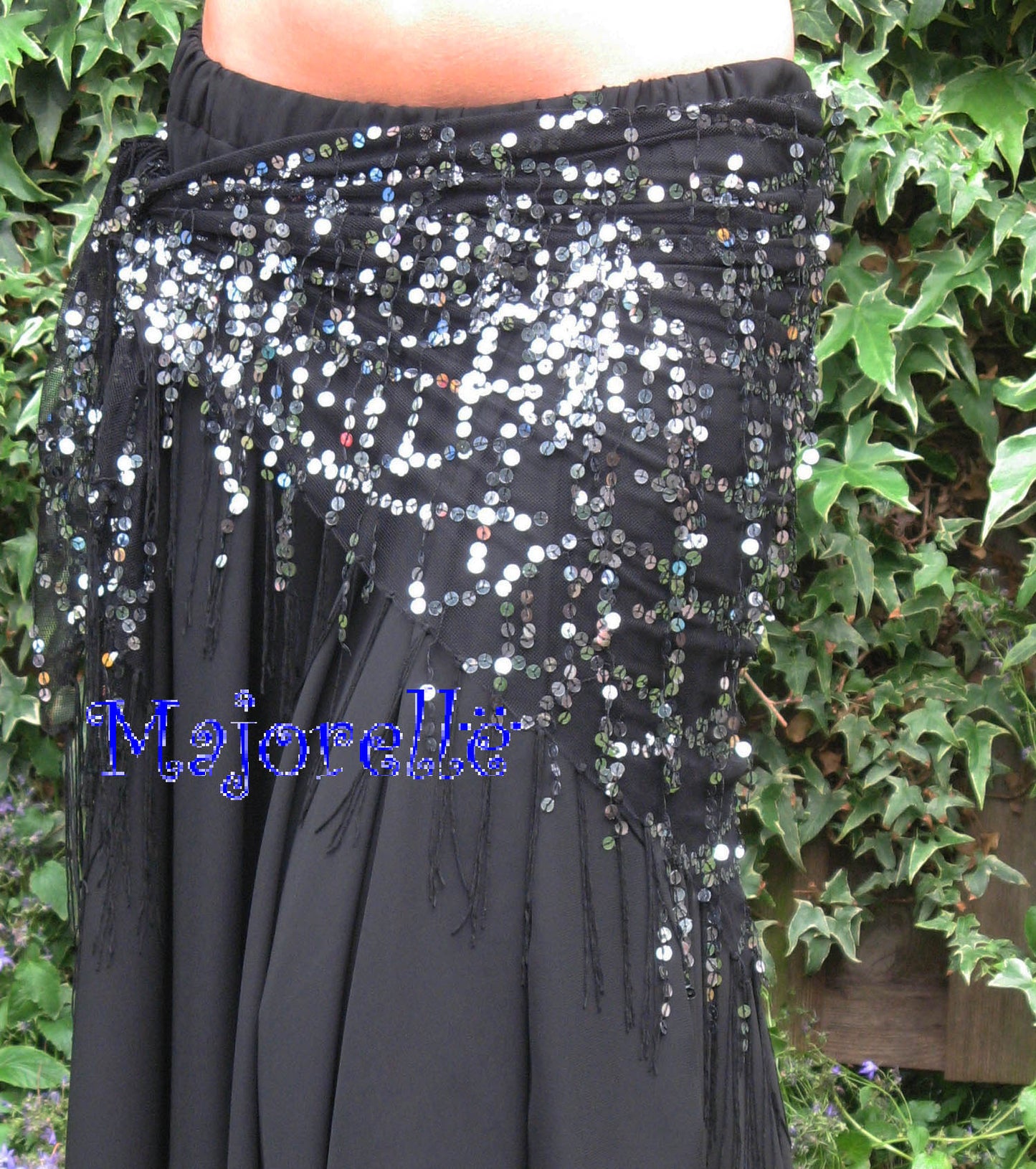 Long hip scarf in black with silver sequins
