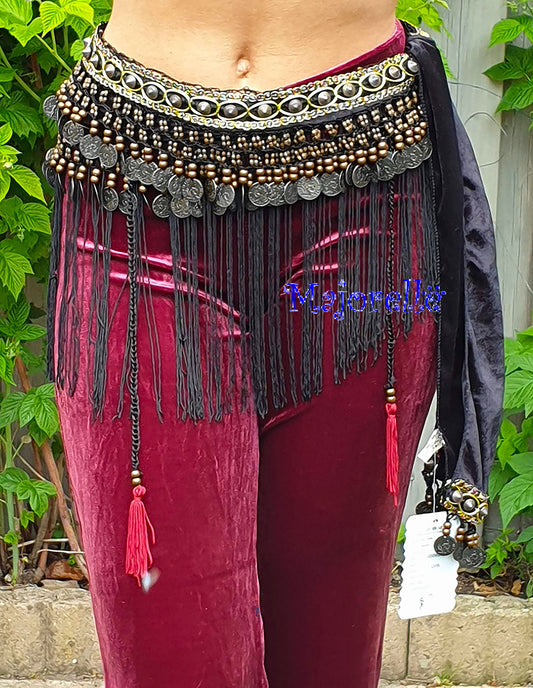 Tribal fringed hip scarf in black
