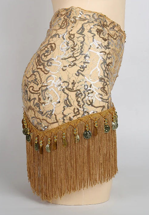 Hip scarf with gold and silver lines and gold coins