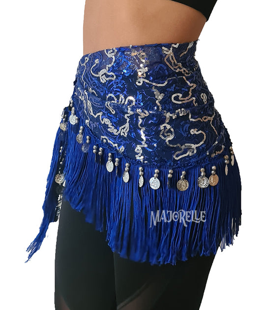Belly dance hip scarf fuchsia with silver lines and silver coins
