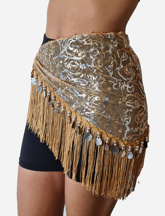 Belly dance hip scarf gold with silver lines and silver coins