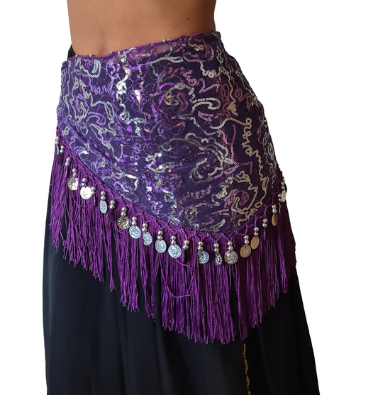 Belly dance hip scarf purple with silver lines and coins