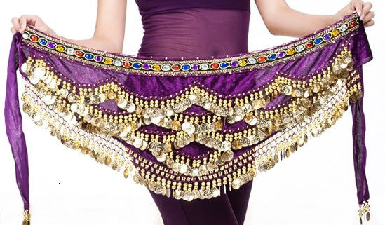 Belly dance hip scarf with stones wavy in purple, with gold coins