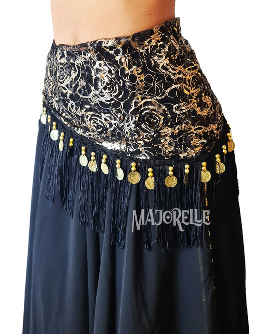 Hip scarf black with gold lines and coins