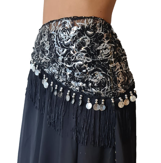 Belly dance hip scarf fuchsia with silver lines and silver coins