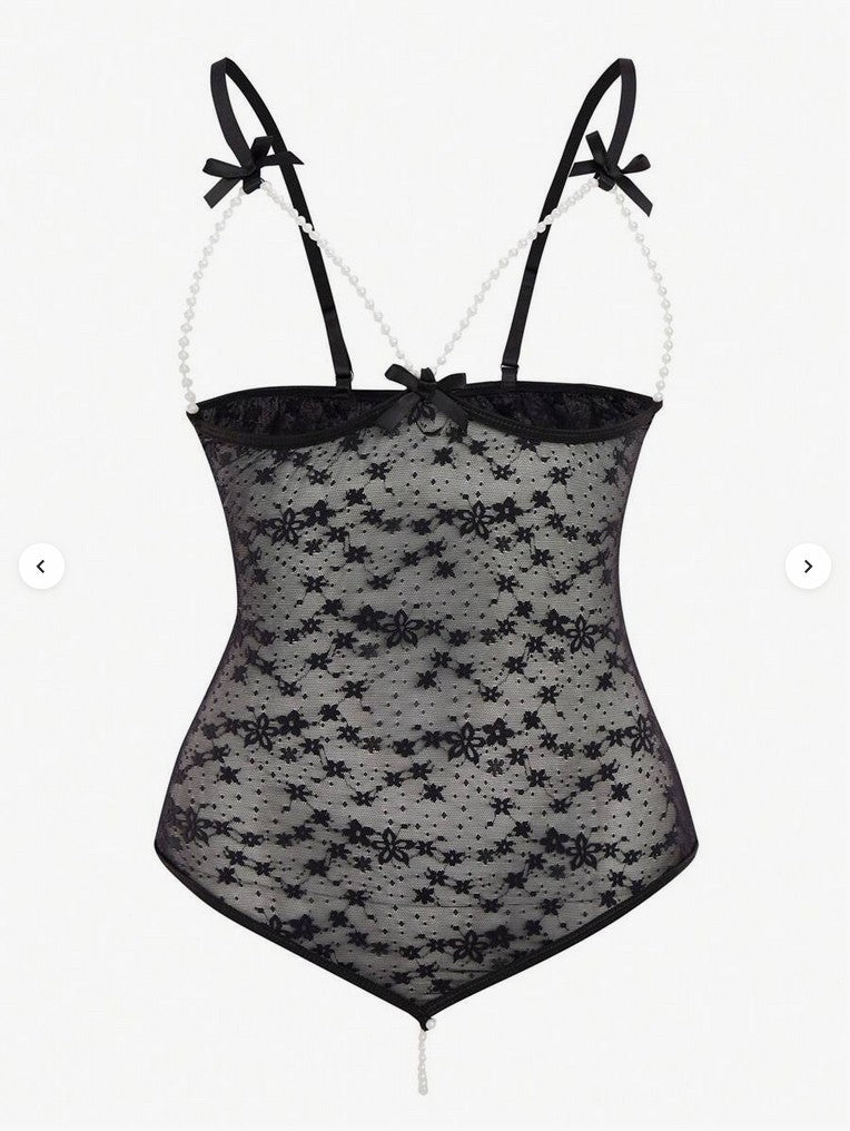 Dance Bodysuit – Lace faux pearl bodysuit with straps