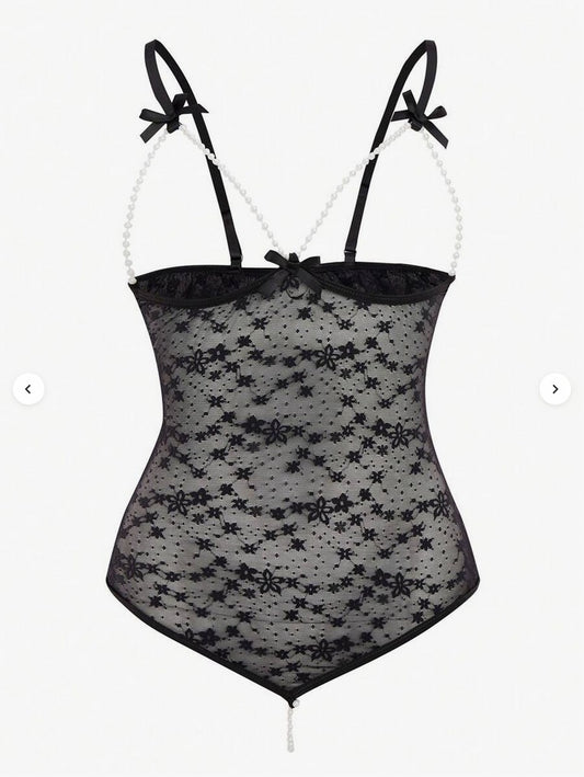 Dance Bodysuit – Lace faux pearl bodysuit with straps