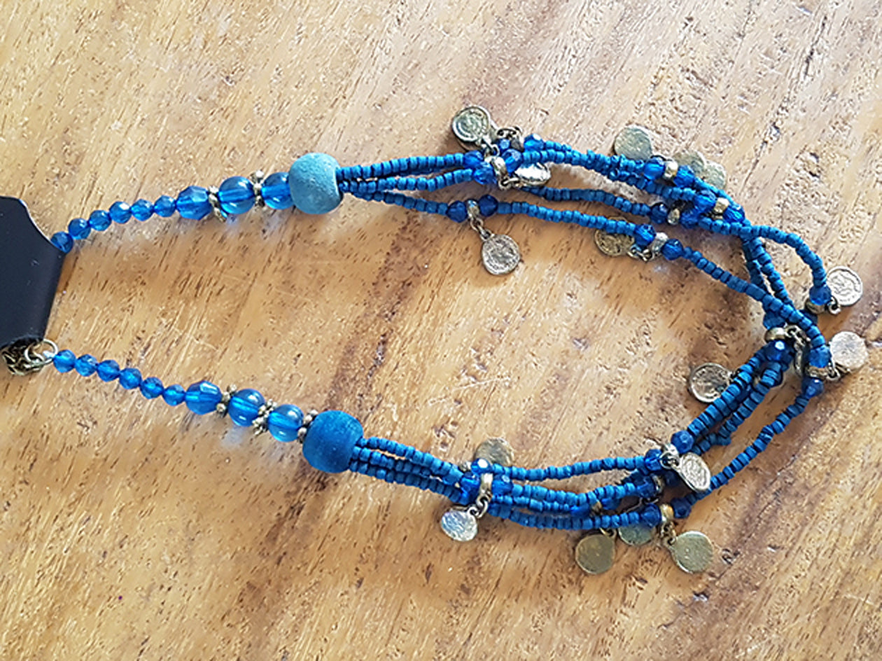 Beautiful necklace with blue beads and old coins
