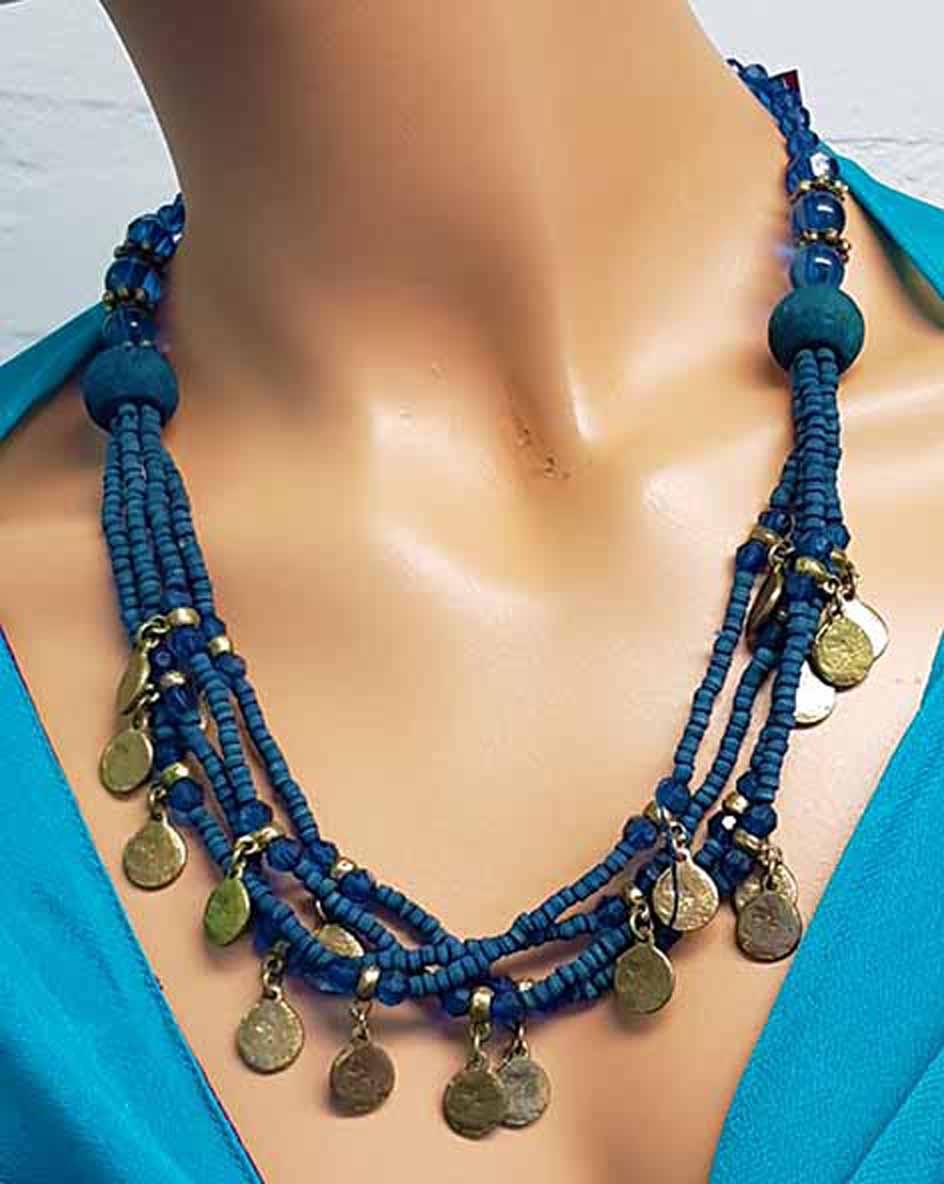 Beautiful necklace with blue beads and old coins