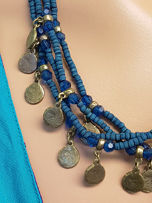 Beautiful necklace with blue beads and old coins