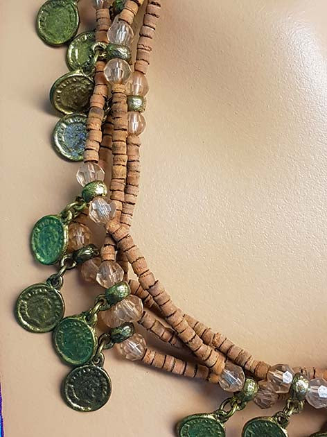 Beautiful necklace with brown beads and old coins