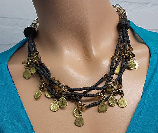 Beautiful necklace with black beads and old coins