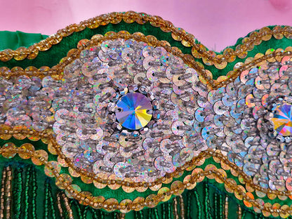 Belly dance costume green - Belt and bra, with jewelry