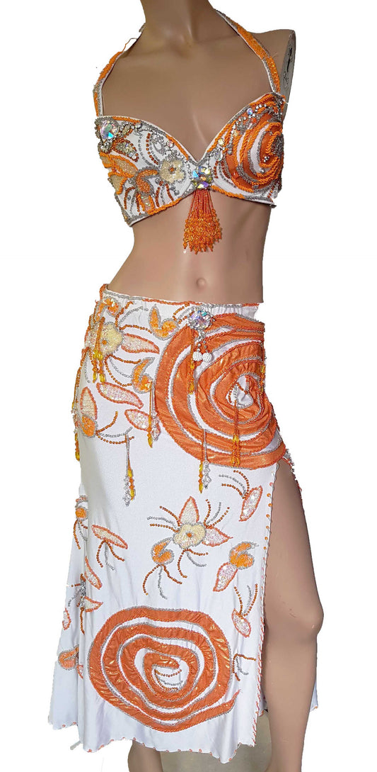 Belly dancing costume Nadrah in white with orange