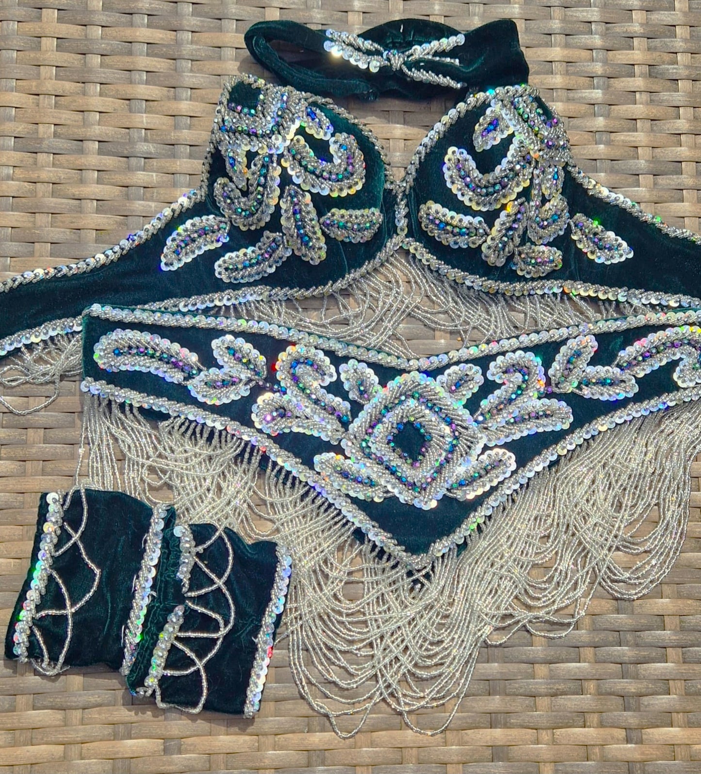Belly dance costume dark green velvet