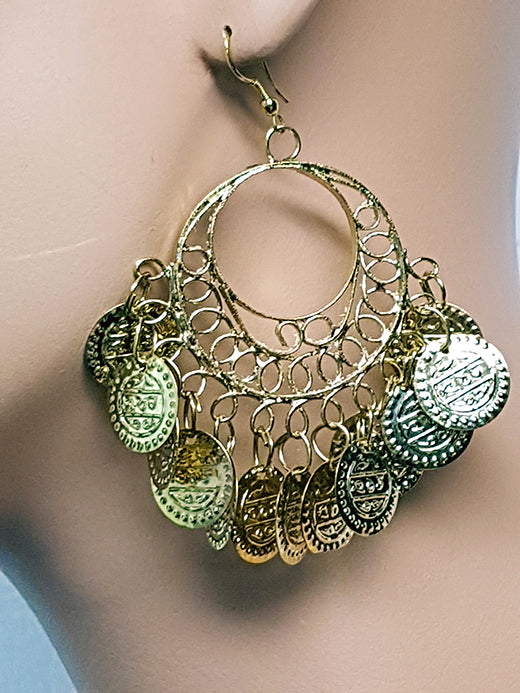 Gold-colored round earrings with coins