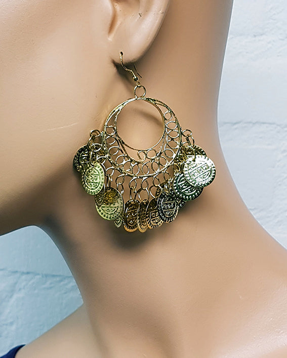 Gold-colored round earrings with coins