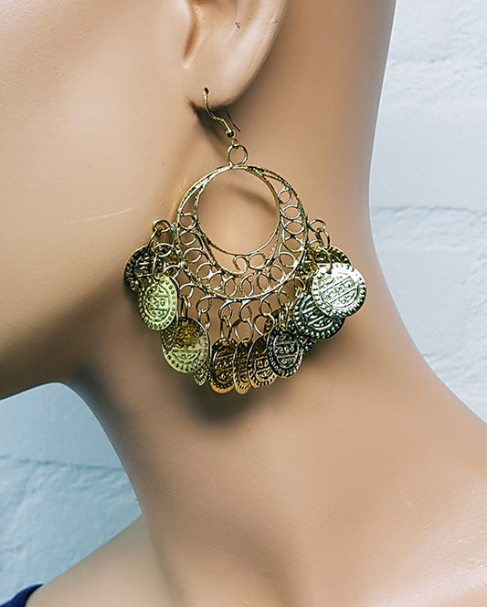 Gold-colored round earrings with coins