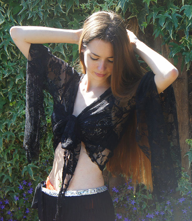 Black lace belly dance top made of stretch fabric with butterfly sleeves