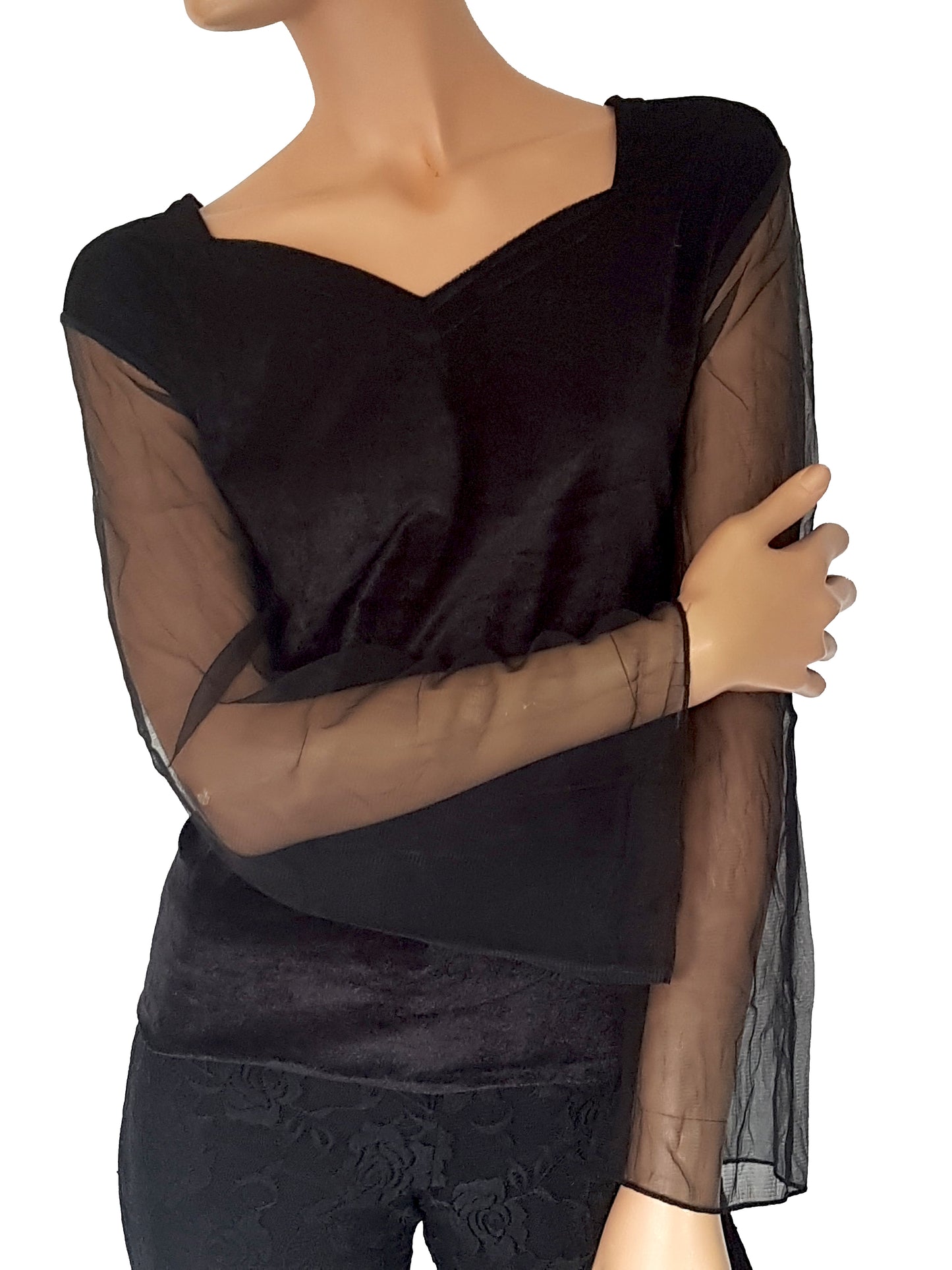 Velvet top with tulle sleeve (net fabric)