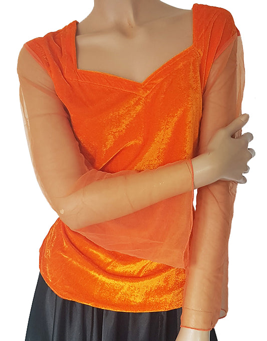 Velvet top with tulle (net) sleeve, orange
