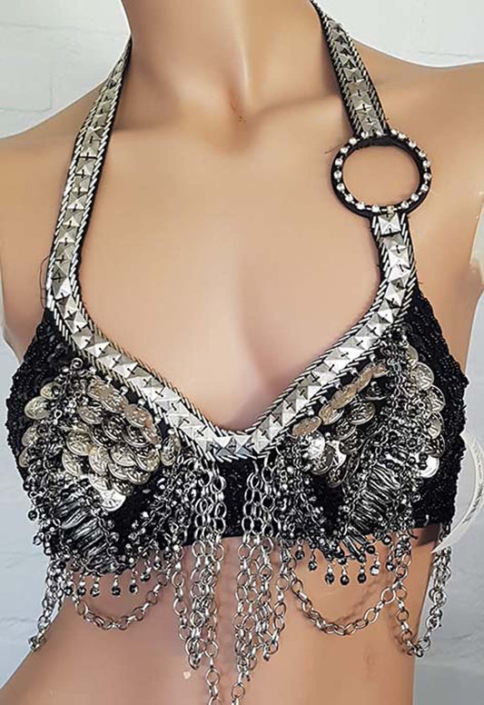 Tribal Belly Dance Set Bra and Belt with Chains in Black/Silver