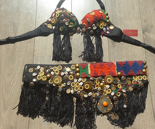 Heavy, embellished belly dance tribal belt and bra