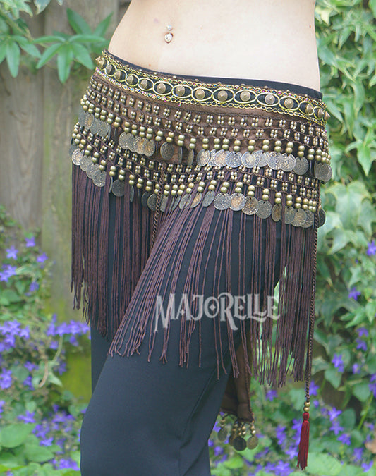 Tribal fringed hip scarf in brown