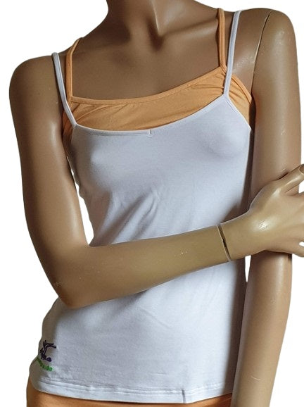 Yoga Spaghetti top white with peach accent

 Made of 92% bamboo textile and 8% elastane