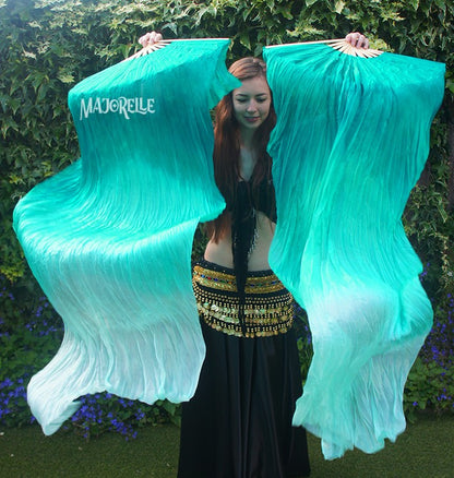 Silk fanveils set in peacock green with color gradient