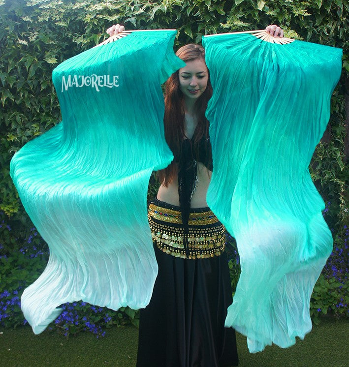 Silk fanveils set in peacock green with color gradient