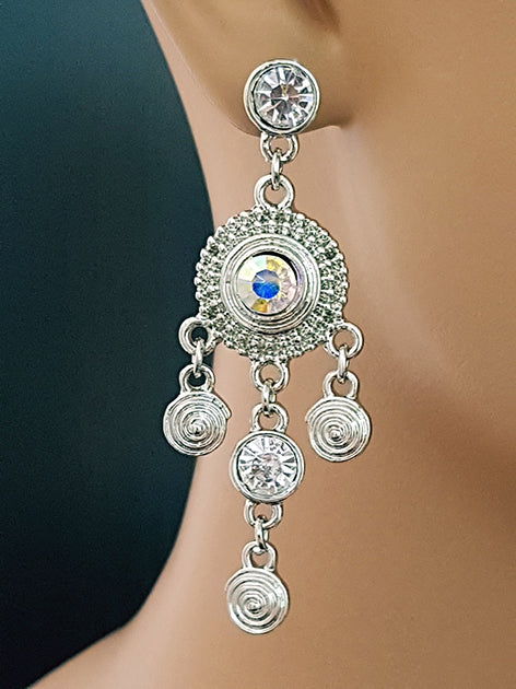 Silver-colored earrings with rhinestones, stud earrings
