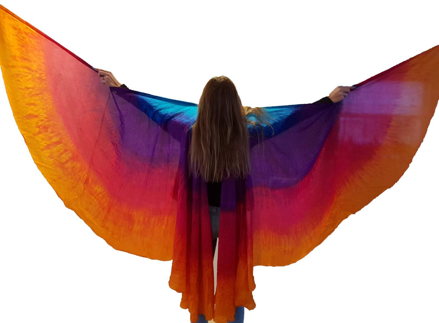 The Wings are 2 half veils with fixed sticks connected with a silk ribbon