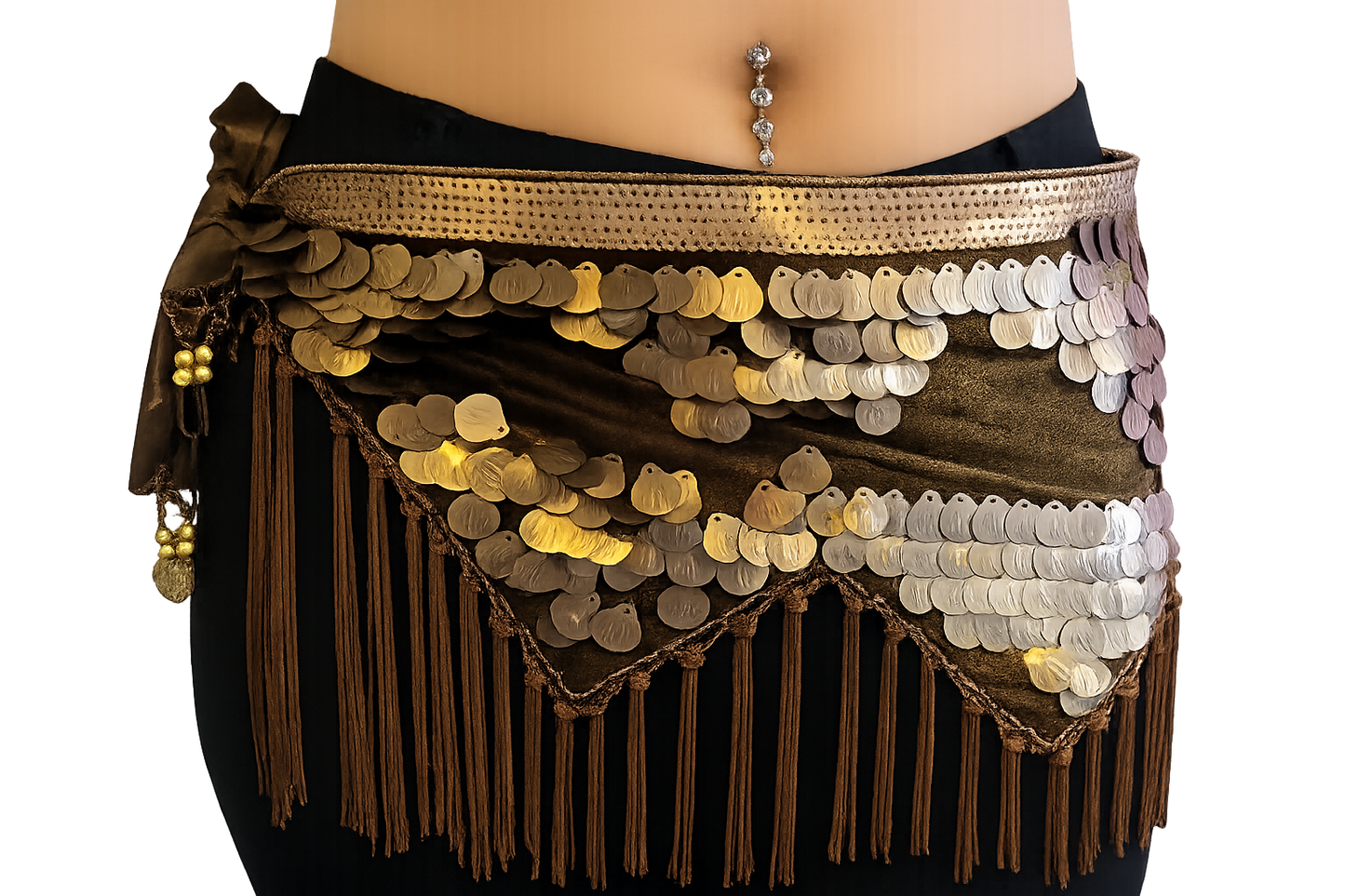 Tribal heupsjaal met koperen schelpjes in bruin