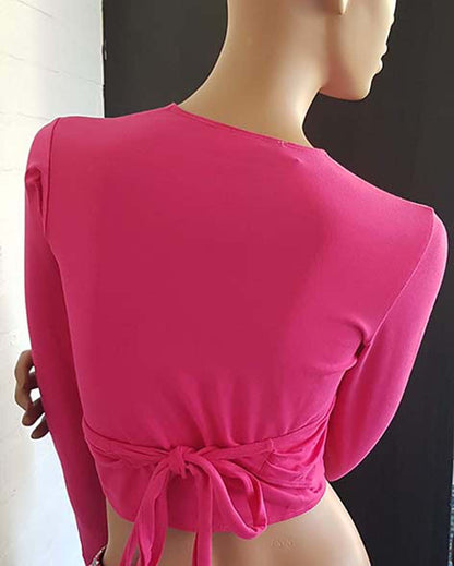 SALE Buikdans bindtop in fuchsia met lange mouwen